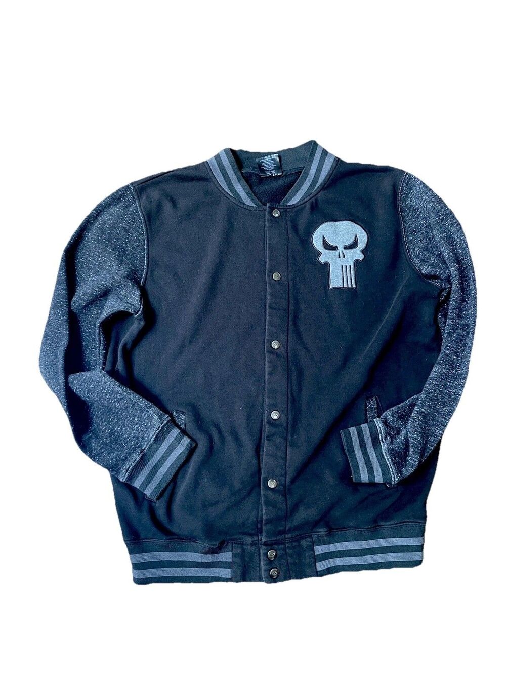 Marvel Boys Jacket Punisher Skull Varsity Snap Front Sz L Black Gray Logo #0253